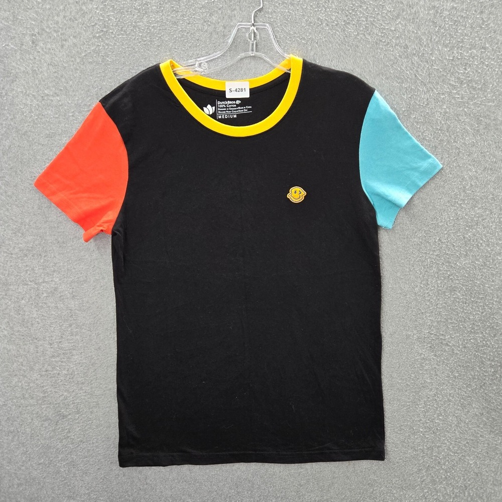Dutch‎ Bros Coffee Women Top Medium Shirt Black Colorblock Smiley Face Tee
